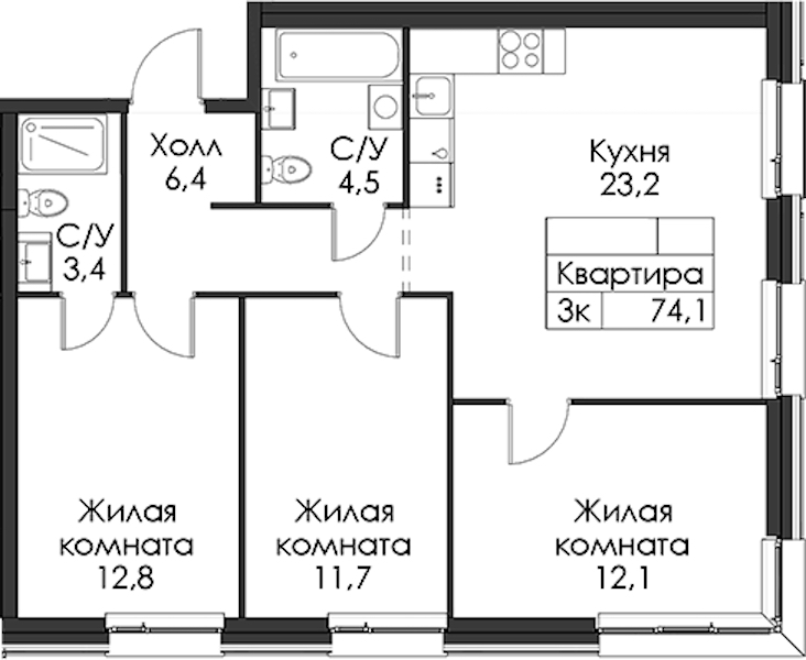 3-комнатная квартира 74.1 м², 3/12 эт., ЖК «Шкиперский 19»